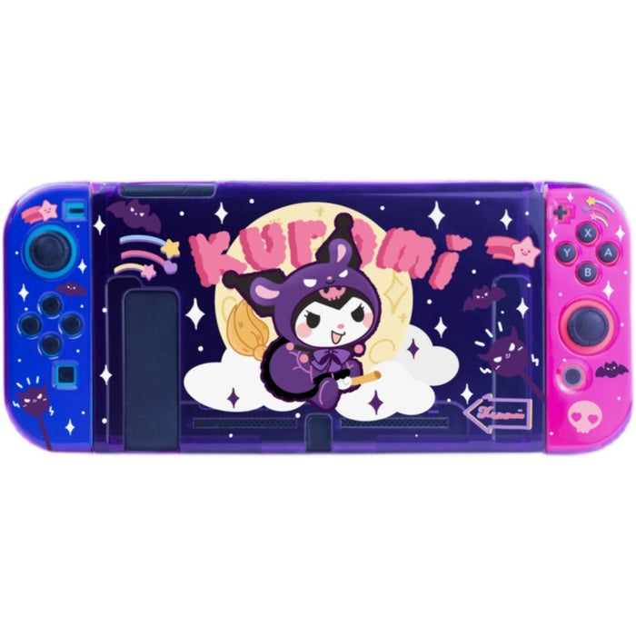 Kawaii Florescent Purple Switch Case Cover: transparent purple, pink Kuromi character, kawaii cartoon style