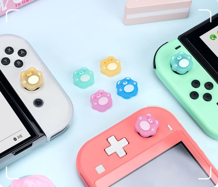 Kawaii Gummy Bear Switch Analog Caps: light blue, white game controller joystick thumb grip accessory, cartoon-like instructi