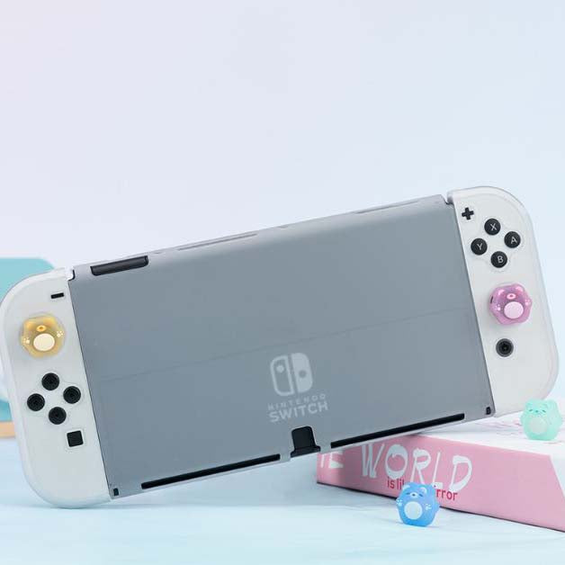 Kawaii Gummy Bear Switch Analog Caps: light blue, white game controller joystick thumb grip accessory, cartoon-like instructi