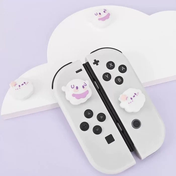 Kawaii Joystick Caps for Switch OLED: white, light purple cute white ghost characters, kawaii cartoon style