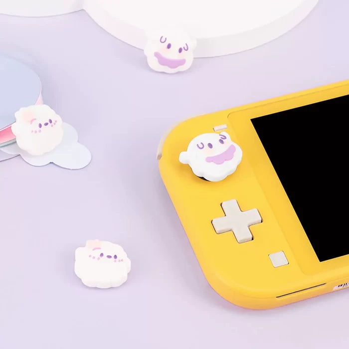 Kawaii Joystick Caps for Switch OLED: white, light purple cute white ghost characters, kawaii cartoon style