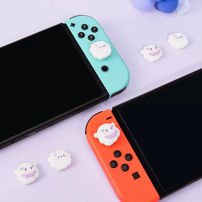 Kawaii Joystick Caps for Switch OLED: white, light purple cute white ghost characters, kawaii cartoon style