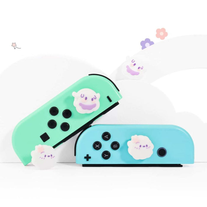 Kawaii Joystick Caps for Switch OLED: white, light purple cute white ghost characters, kawaii cartoon style