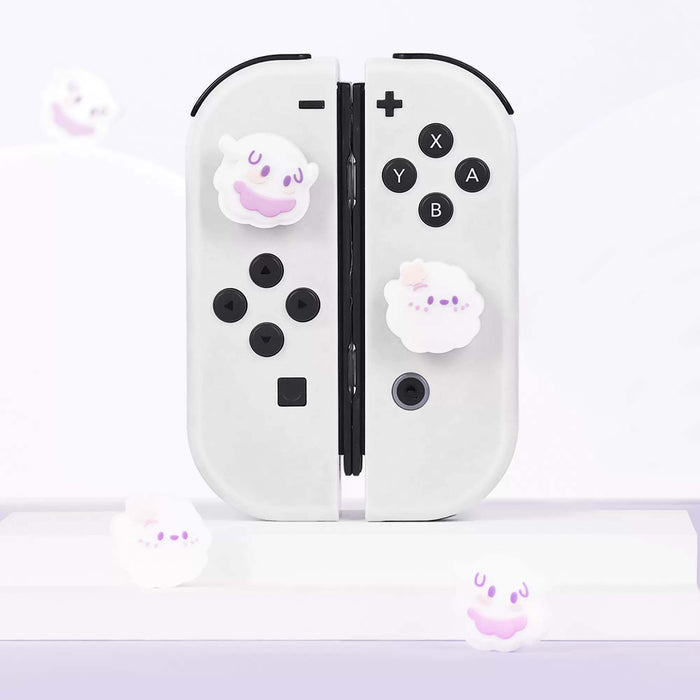 Kawaii Joystick Caps for Switch OLED: white, light purple cute white ghost characters, kawaii cartoon style