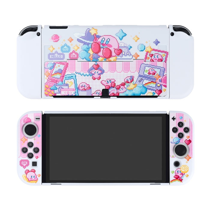 Kawaii Kirby Switch OLED Case: white, pink cute cartoon characters and pastel fantasy/candy-themed imagery, kawaii cartoon pi