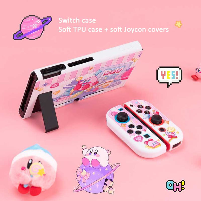 Kawaii Kirby Switch OLED Case: white, pink cute cartoon characters and pastel fantasy/candy-themed imagery, kawaii cartoon pi
