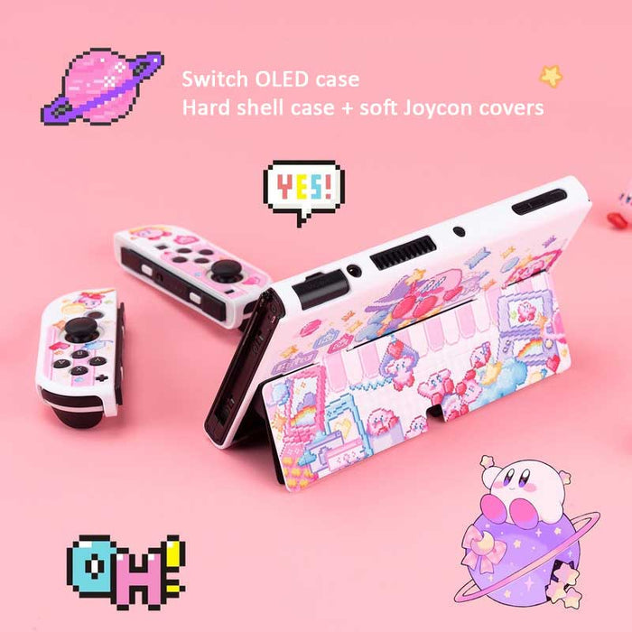 Kawaii Kirby Switch OLED Case: white, pink cute cartoon characters and pastel fantasy/candy-themed imagery, kawaii cartoon pi