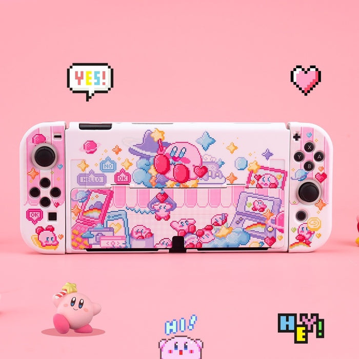 Kawaii Kirby Switch OLED Case: white, pink cute cartoon characters and pastel fantasy/candy-themed imagery, kawaii cartoon pi