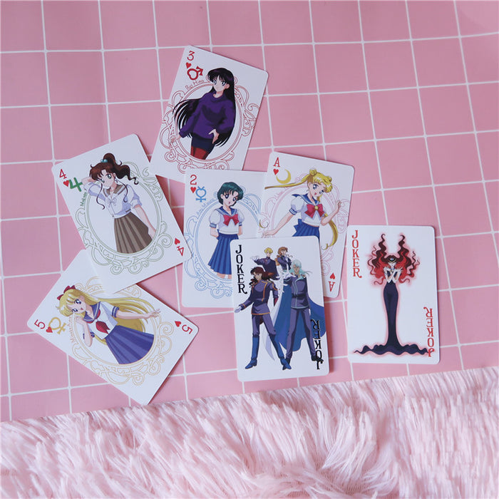 Kawaii Playing Cards with Cute Designs: white, pink Sailor Moon anime characters, anime/cartoon style