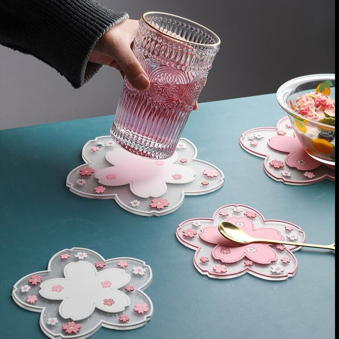 Kawaii Sakura Coffee Coaster, Silicone/Pink/White: white, light pink cherry blossom flowers, cute floral cartoon-inspired sty