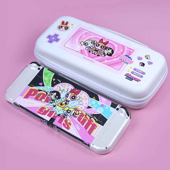 Kawaii Shock-Proof Switch Carrying Case: white, pink The Powerpuff Girls characters, cartoon kawaii style