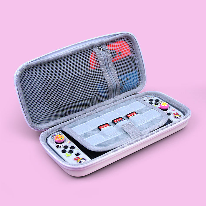 Kawaii Shock-Proof Switch Carrying Case: white, pink The Powerpuff Girls characters, cartoon kawaii style