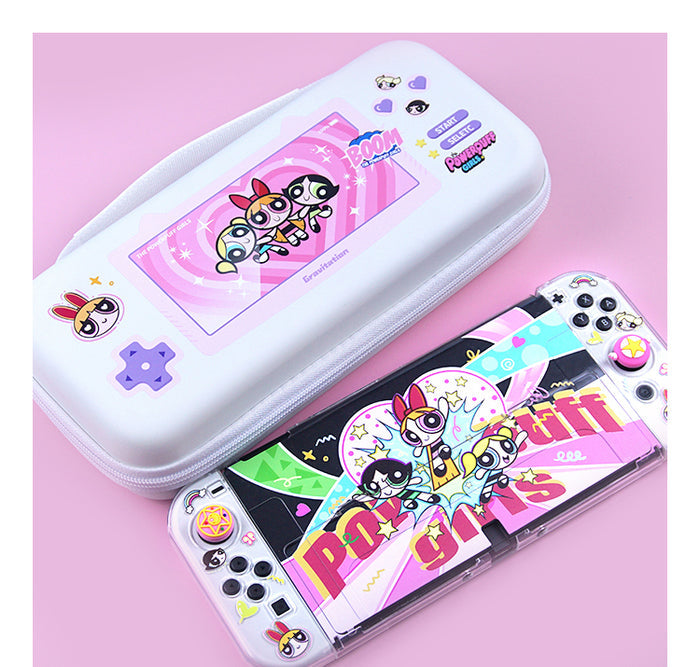 Kawaii Shock-Proof Switch Carrying Case: white, pink The Powerpuff Girls characters, cartoon kawaii style