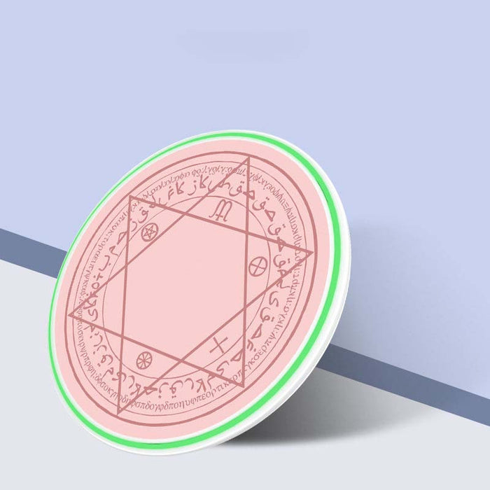Kawaii Wireless Charger with Cute Designs: pink, white occult-style geometric sigil design, minimal occult-inspired graphic s