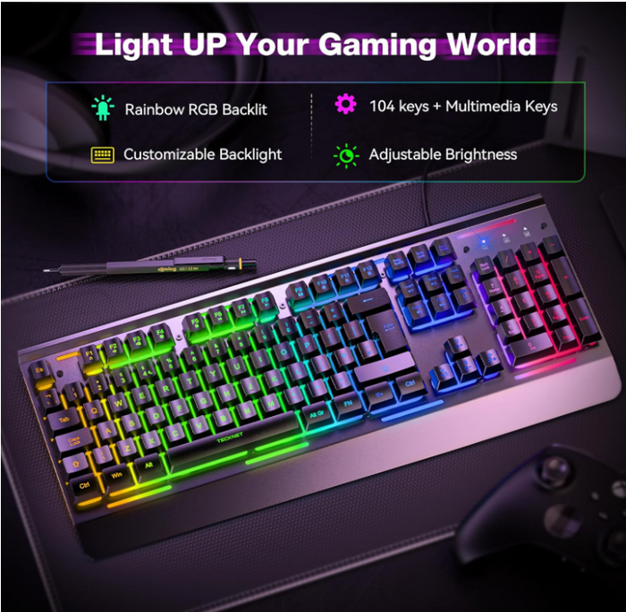 KB002 RGB GamingKeyboard 105 Key Wired Anti Ghosting Keys Metal Panel Wrist Rest
