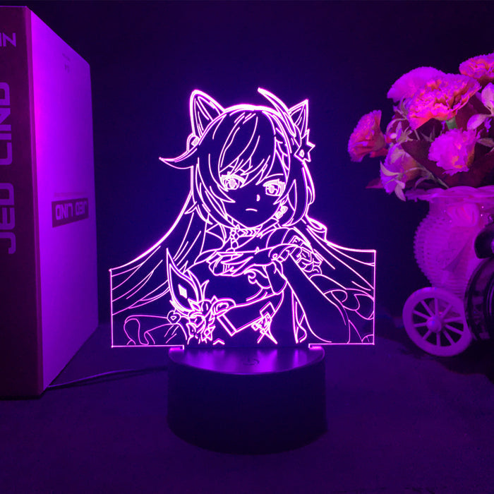 Keqing Genshin Impact Lamp with Remote: purple, pink anime-style cat-eared girl character, anime, cartoon style