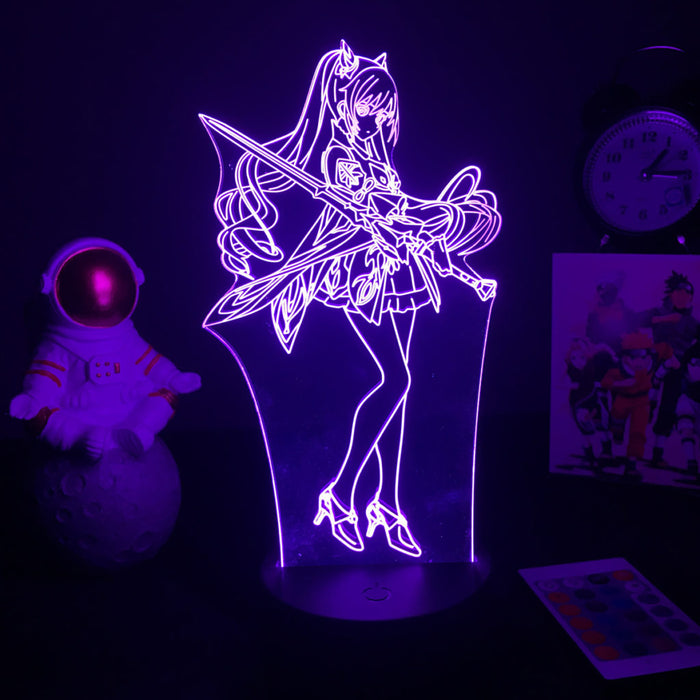 Keqing Genshin Impact Lamp with Remote: purple, pink anime-style cat-eared girl character, anime, cartoon style