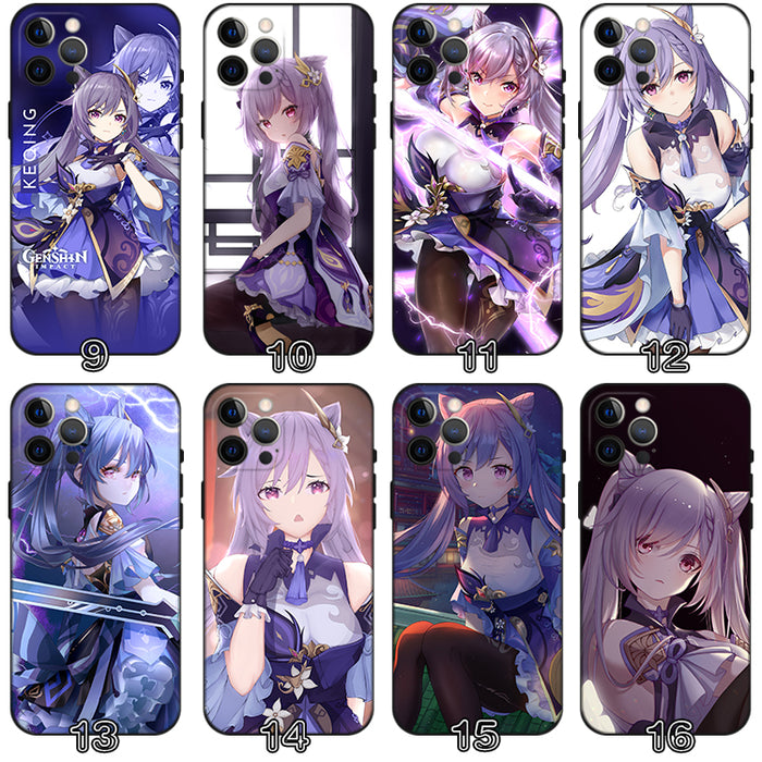 Keqing Genshin Impact Phone Case: black, purple anime-style female characters, anime, fantasy, illustrated style