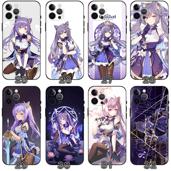 Keqing Genshin Impact Phone Case: black, purple anime-style female characters, anime, fantasy, illustrated style