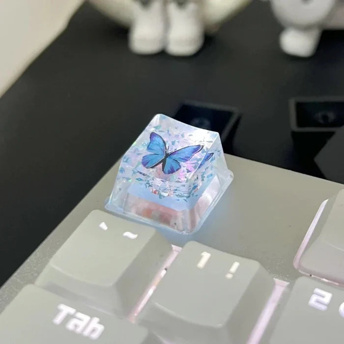 Keycap with Butterfly Design: transparent clear, blue butterfly, kawaii style