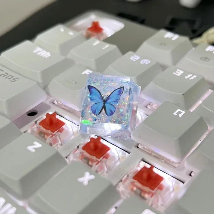 Keycap with Butterfly Design: transparent clear, blue butterfly, kawaii style