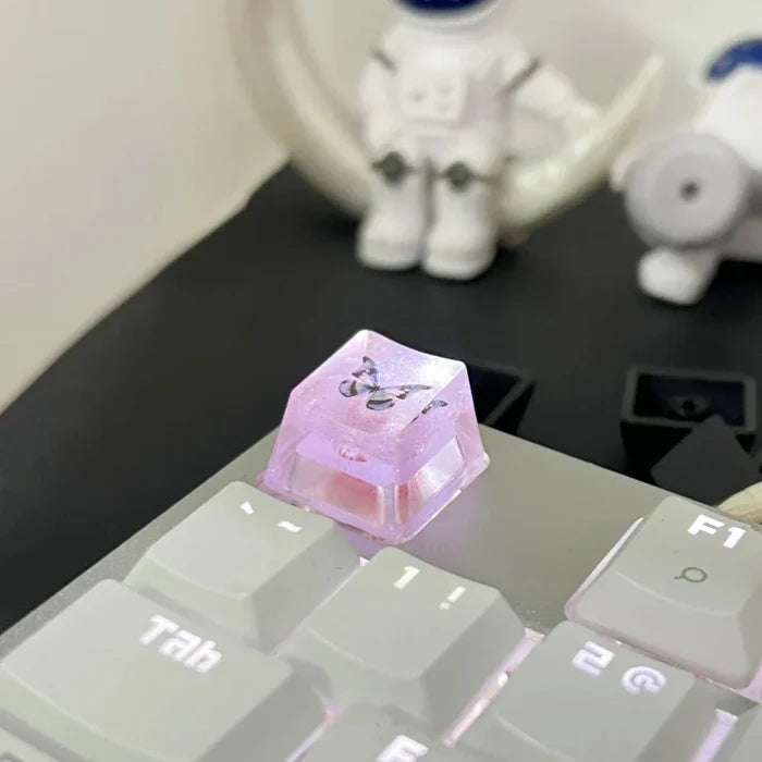 Keycap with Butterfly Design: transparent clear, blue butterfly, kawaii style