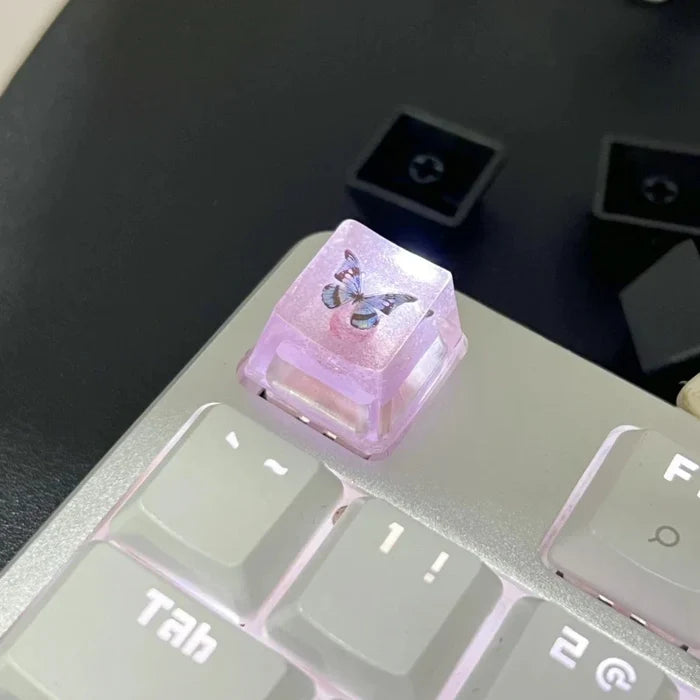 Keycap with Butterfly Design: transparent clear, blue butterfly, kawaii style
