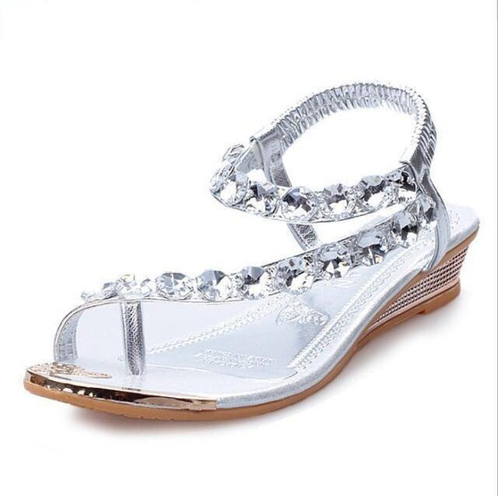 Khaki Slip-on Sandals with Rhinestones for Women: metallic gold, silver sandal, dressy glam style