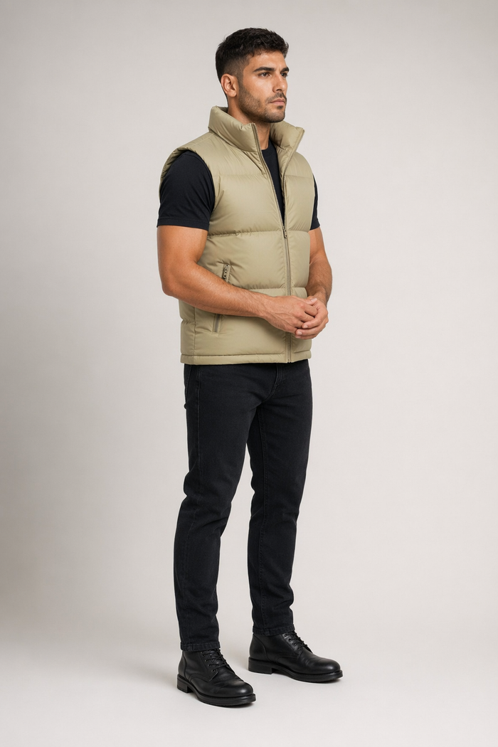Khaki Winter Puffer Vest with Zipper for Men Default