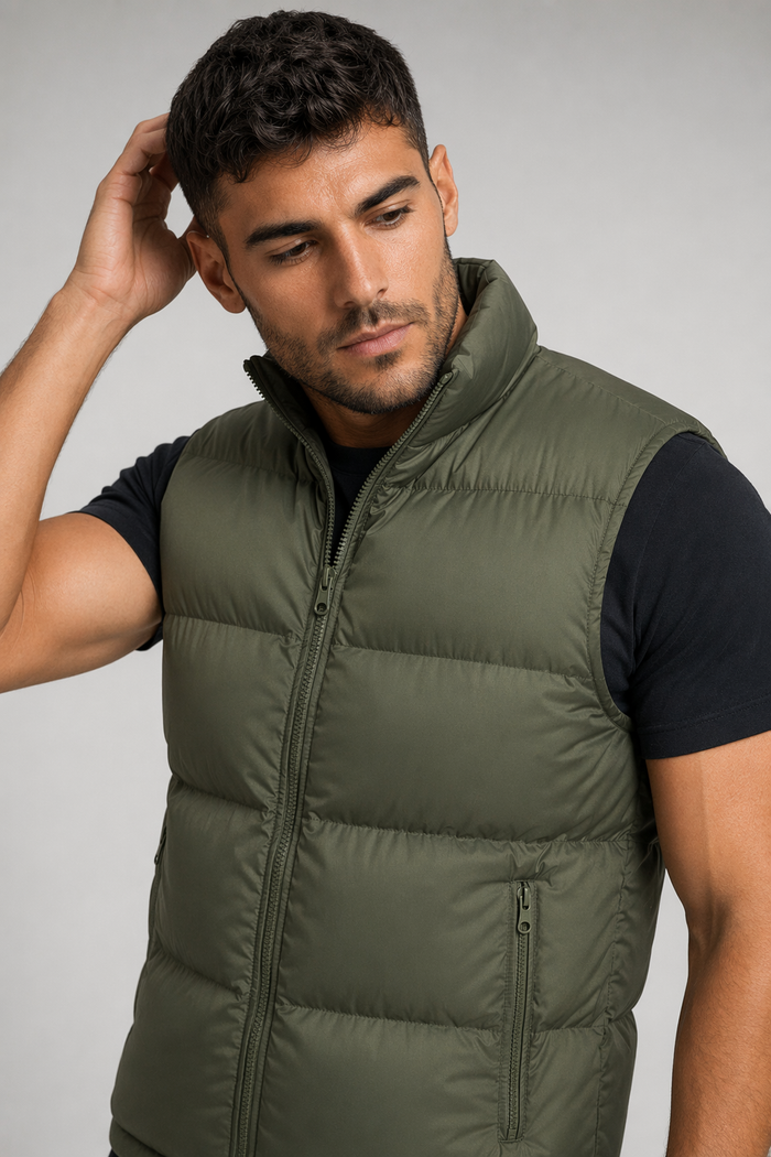 Khaki Winter Puffer Vest with Zipper for Men Default