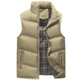 Khaki Winter Puffer Vest with Zipper for Men: light olive green, gray puffer vest, minimal casual style