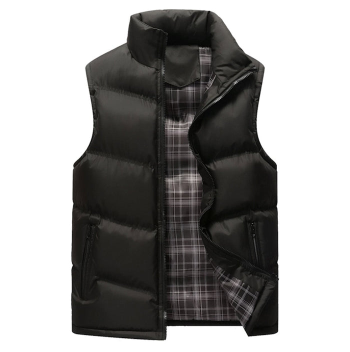 Khaki Winter Puffer Vest with Zipper for Men: light olive green, gray puffer vest, minimal casual style