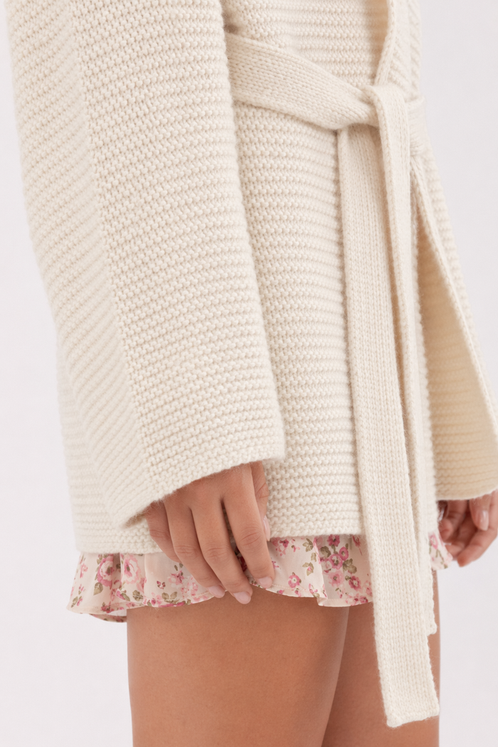 Kimono Style Cardigan with Waist Tie for Women Off White