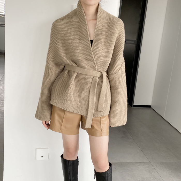 Kimono Style Cardigan with Waist Tie for Women: beige, tan belted knit cardigan, minimal style