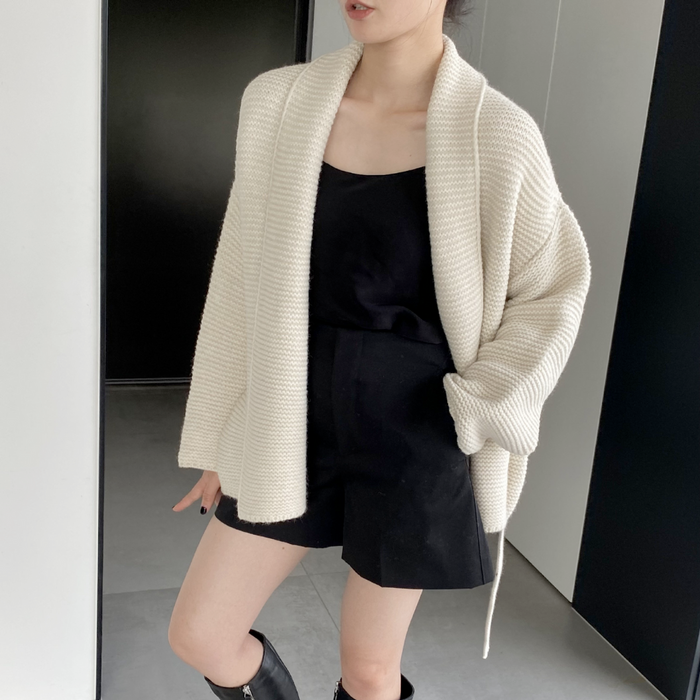 Kimono Style Cardigan with Waist Tie for Women: beige, tan belted knit cardigan, minimal style