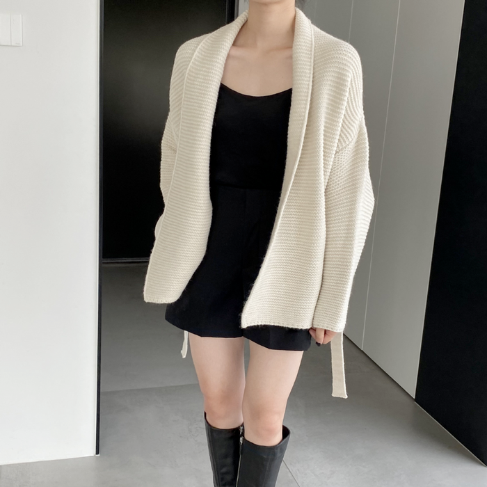 Kimono Style Cardigan with Waist Tie for Women: beige, tan belted knit cardigan, minimal style