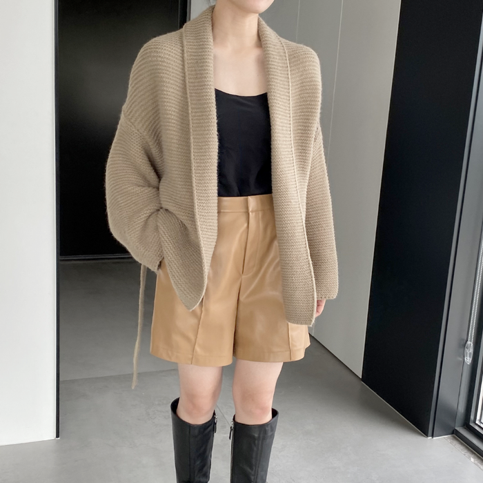 Kimono Style Cardigan with Waist Tie for Women: beige, tan belted knit cardigan, minimal style