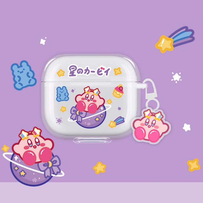 Kirby AirPods Case with Charm: white, pink Kirby character, kawaii cartoon style