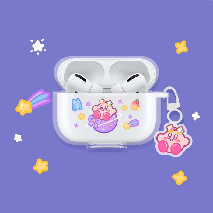 Kirby AirPods Case with Charm: white, pink Kirby character, kawaii cartoon style