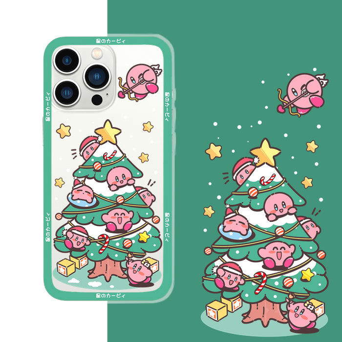 Kirby iPhone Case with Frosted Surface: green, white Kirby character Christmas tree theme, kawaii cartoon style
