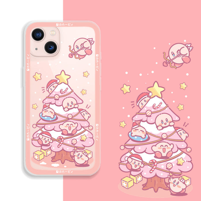 Kirby iPhone Case with Frosted Surface: green, white Kirby character Christmas tree theme, kawaii cartoon style