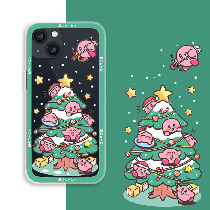 Kirby iPhone Case with Frosted Surface: green, white Kirby character Christmas tree theme, kawaii cartoon style