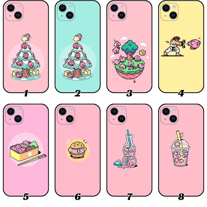 Kirby iPhone Cases with High-resolution Graphics: pink, mint green cute cartoon food, animals, and character illustrations, k