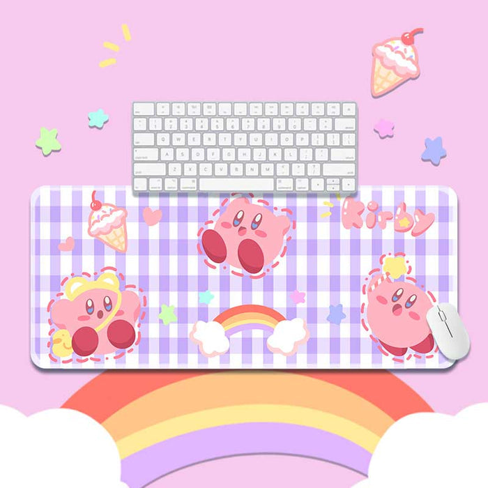 Kirby Mouse Pad with Stitched Edges: pink, light pink Kirby character, kawaii cartoon style