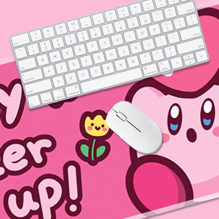 Kirby Mouse Pad with Stitched Edges: pink, light pink Kirby character, kawaii cartoon style