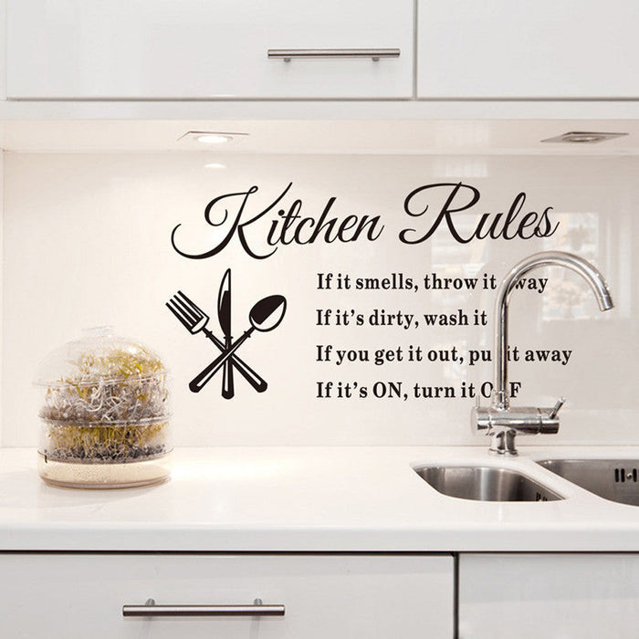 Kitchen Rules Design Set of 3 Removable Wall Decals for the Kitchen: black, white Kitchen Rules text with fork, knife, and sp