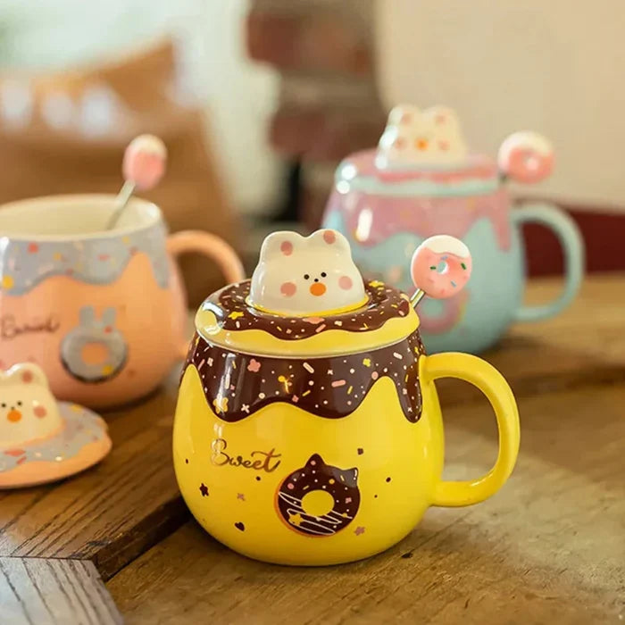 Kitten Theme Donut Cartoon Mug with Cover: yellow, brown bear character, kawaii cartoon style