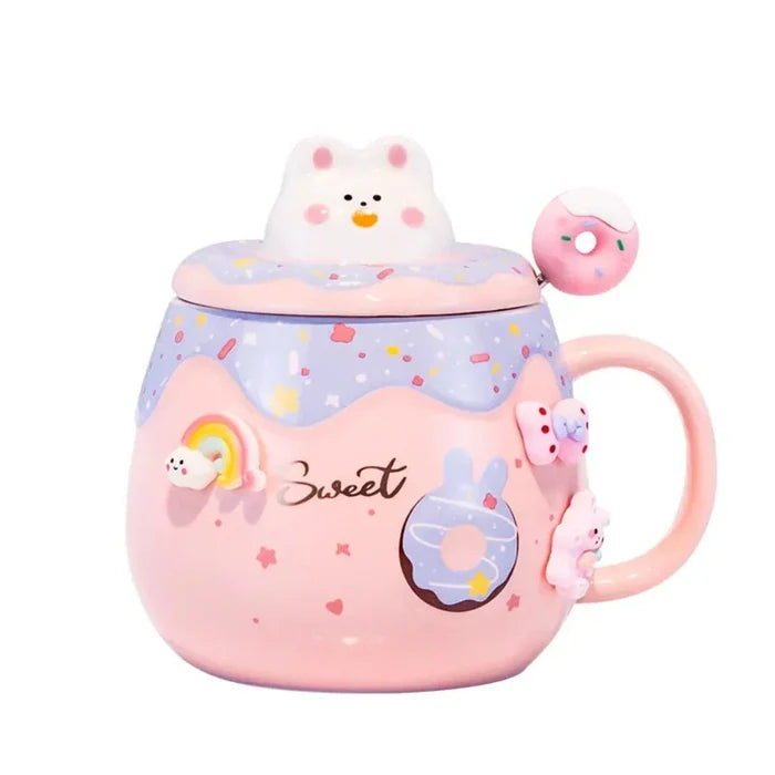 Kitten Theme Donut Cartoon Mug with Cover: yellow, brown bear character, kawaii cartoon style