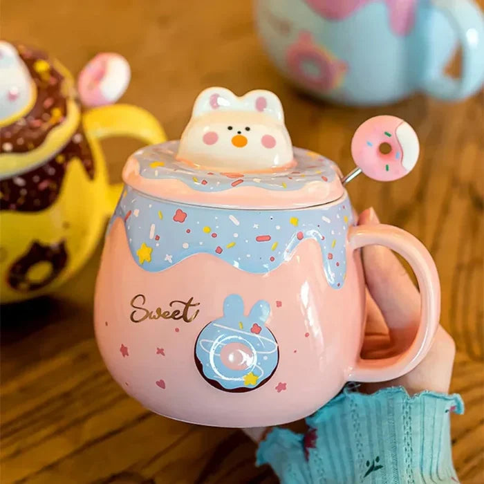 Kitten Theme Donut Cartoon Mug with Cover: yellow, brown bear character, kawaii cartoon style