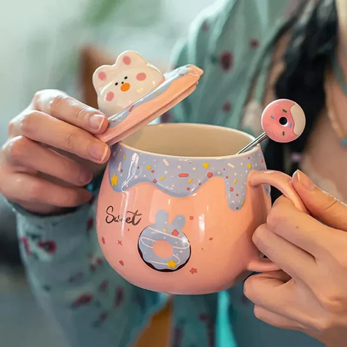 Kitten Theme Donut Cartoon Mug with Cover: yellow, brown bear character, kawaii cartoon style
